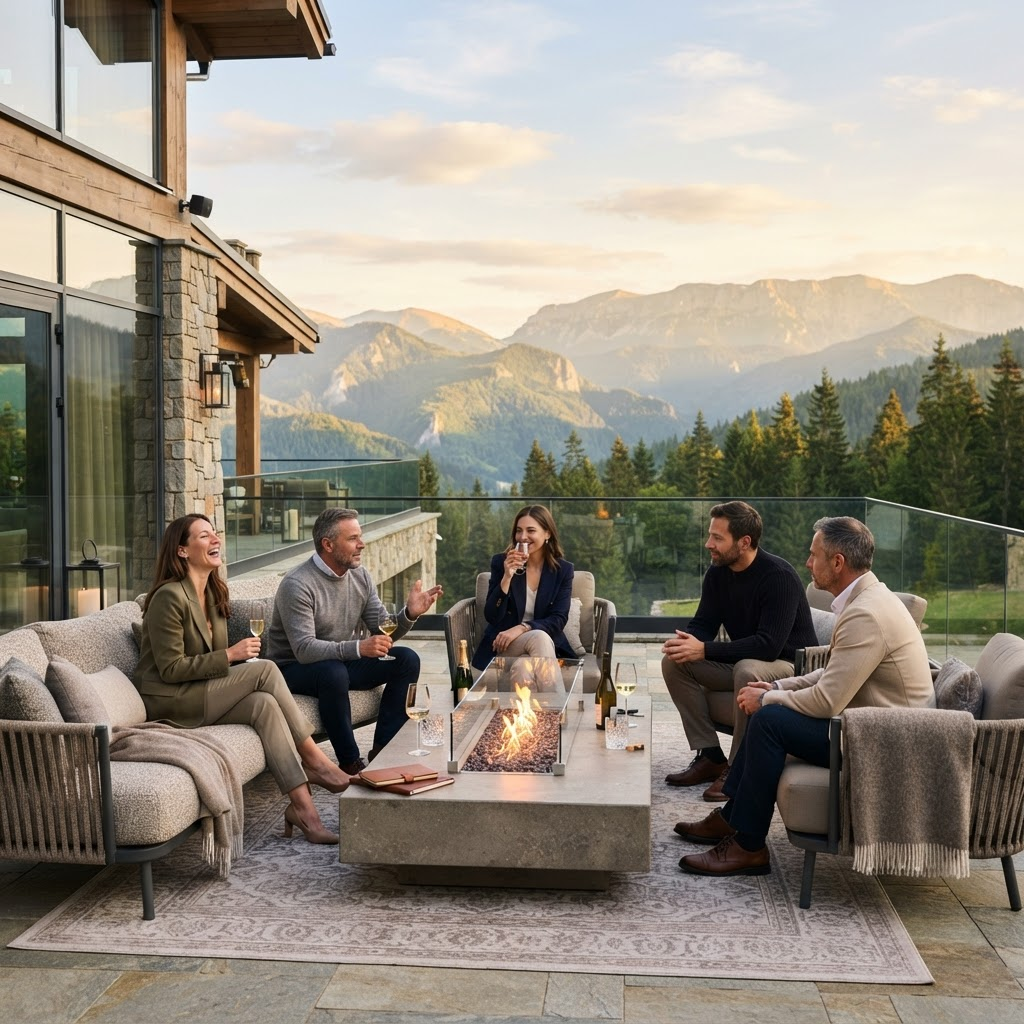 Executives gathered around a fire pit at a mountain lodge in Romania at dusk